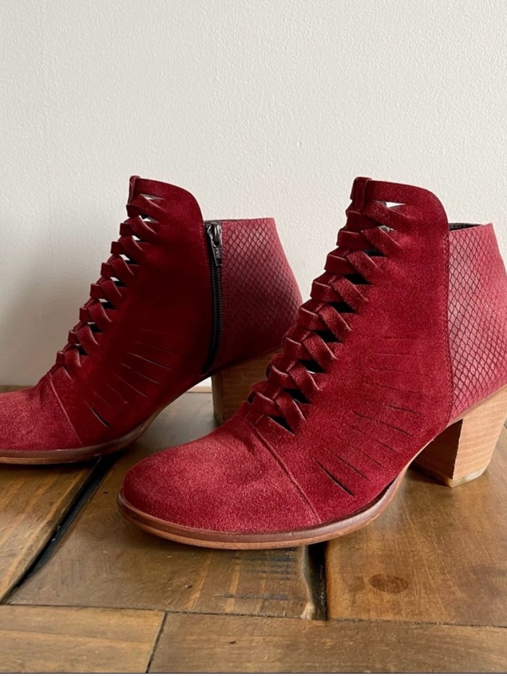 FREE PEOPLE Dark Red Suede Leather Ankle Boots Booties with Snakeskin Detail
